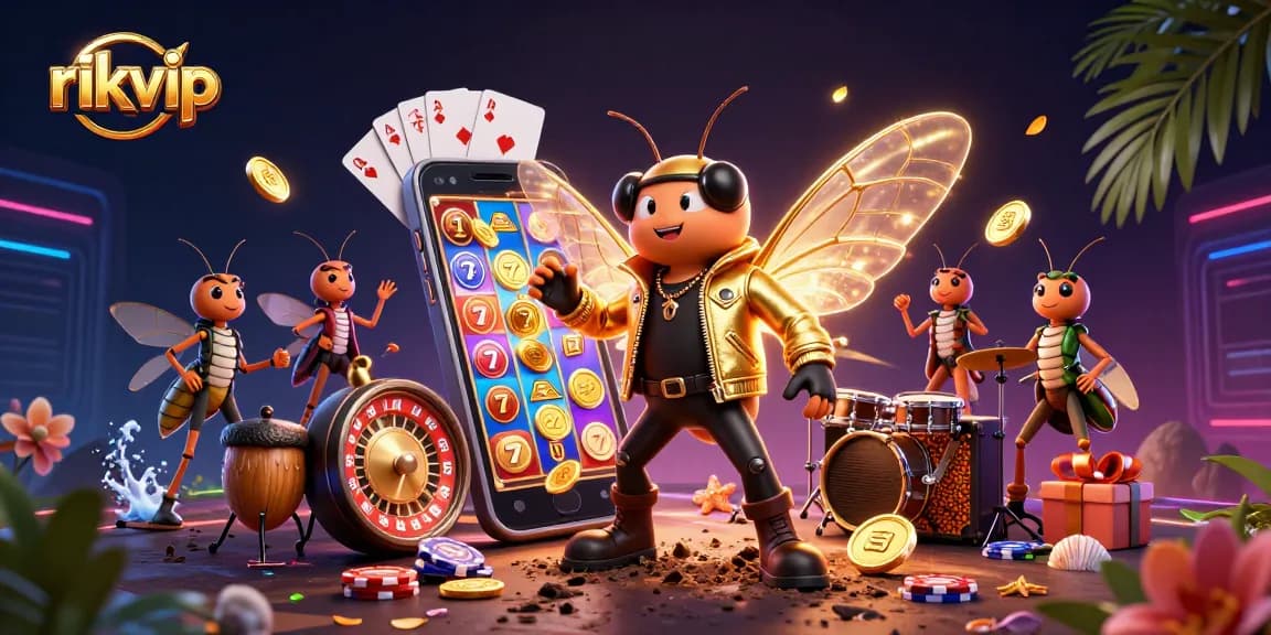 Play exciting slot games with rikvip's vibrant casino scene featuring a rock star and game elements