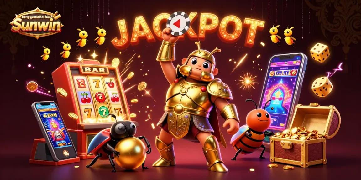Cổng game bài đổi thưởng Sunwin showcases a vibrant scene with characters celebrating a jackpot and casino elements designed for an engaging experience.