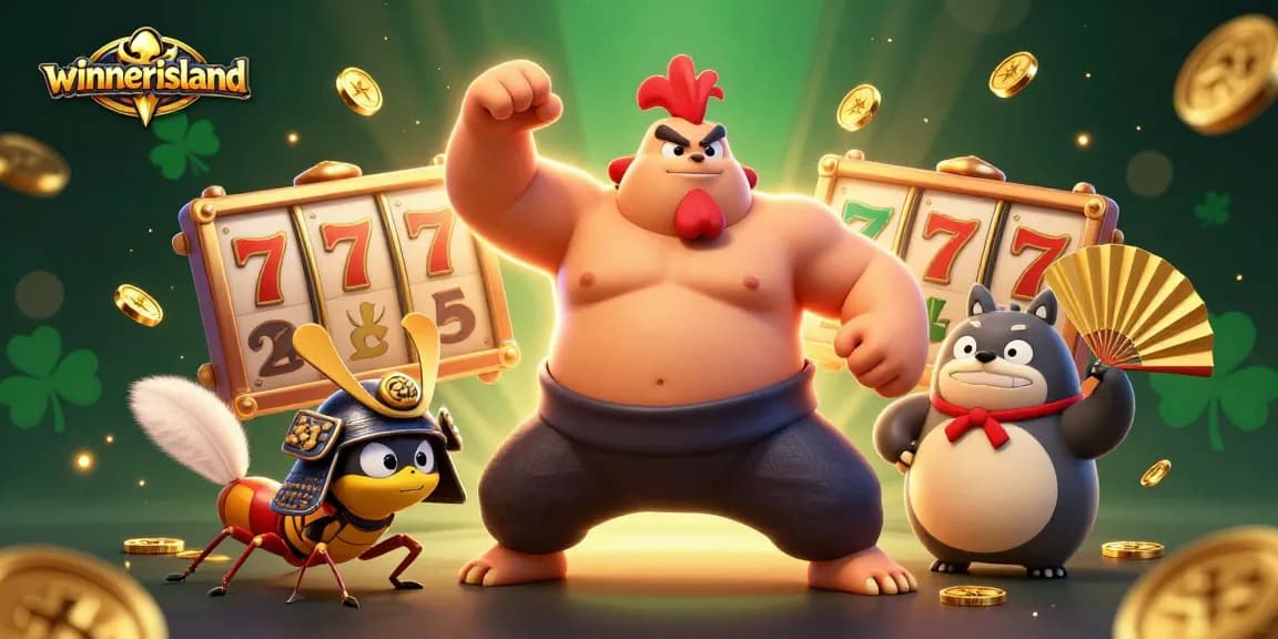 The exciting winnerisland casino scene features a powerful sumo wrestler rooster, fierce cricket, and tanuki announcer among slot reels and coins.