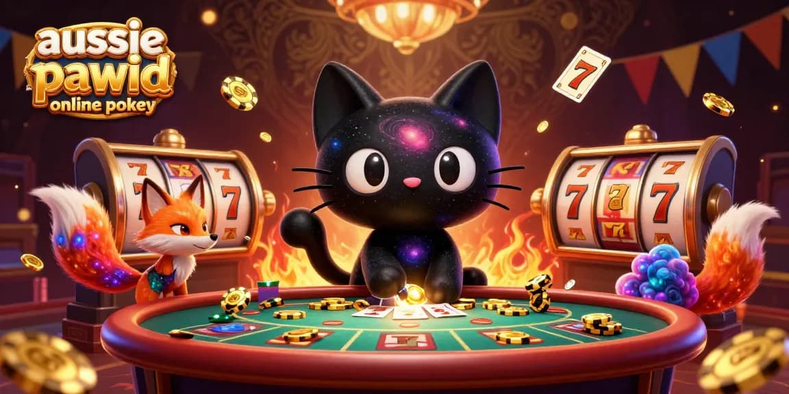 Aussie PayID online pokies scene featuring a cosmic blackjack table with a black hole cat and nebula fox.