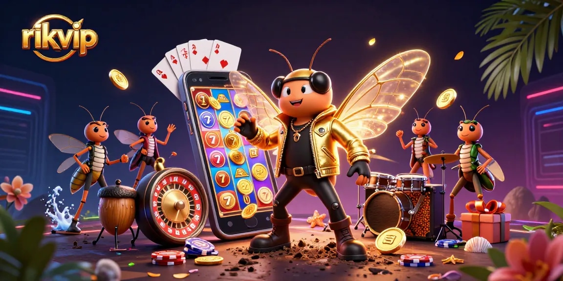 Play exciting slot games with rikvip's vibrant casino scene featuring a rock star and game elements