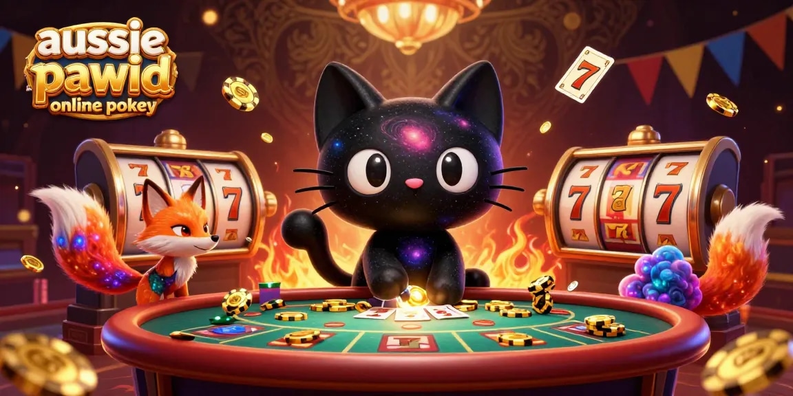 Aussie PayID online pokies scene featuring a cosmic blackjack table with a black hole cat and nebula fox.