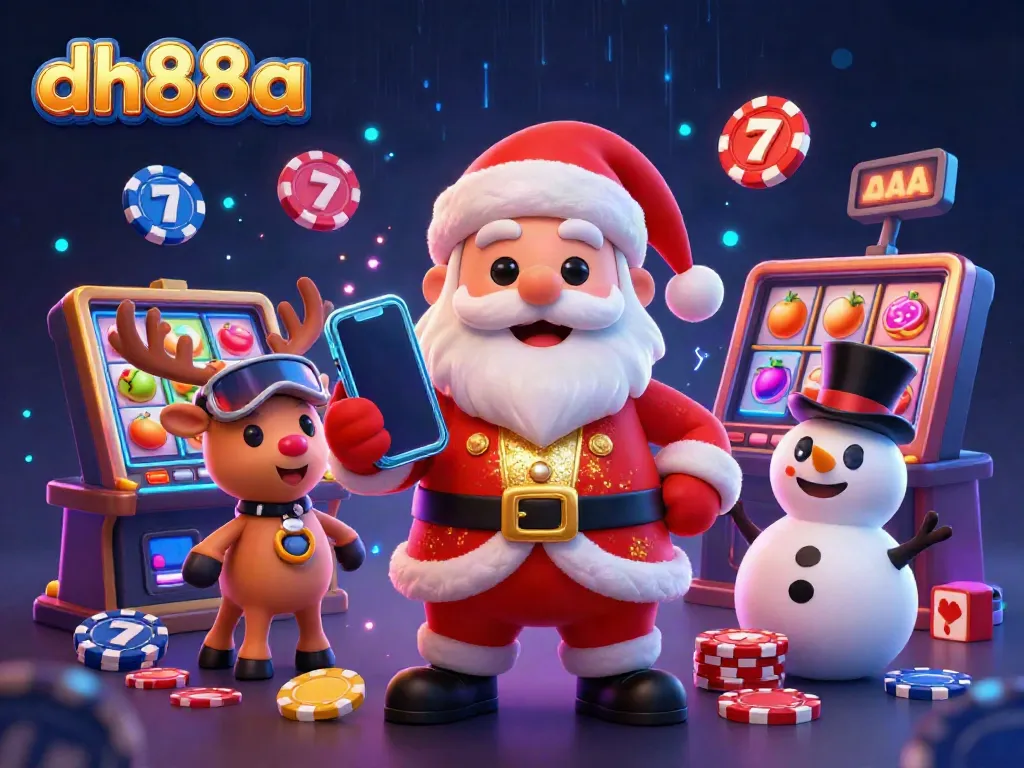 Experience the thrill of dh88a with Santa and friends celebrating slots excitement in a vibrant casino scene.