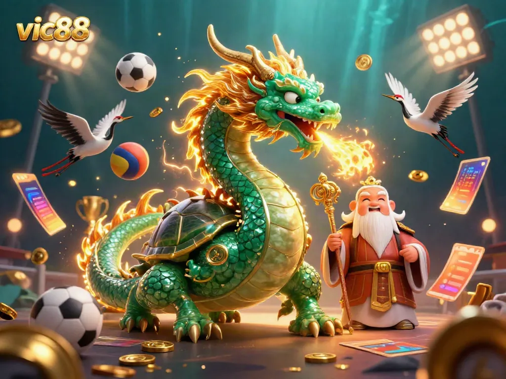 Witness the thrilling action of vic88, featuring a majestic dragon and dynamic sports elements.