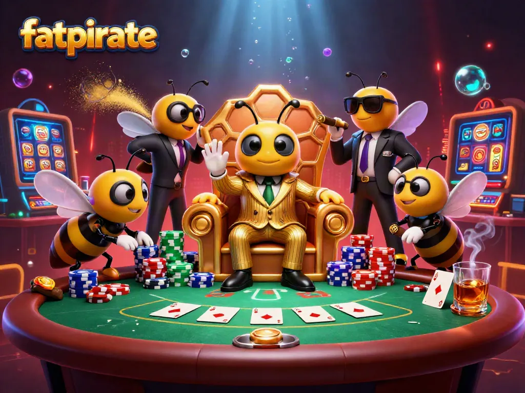 Engage with fatpirate casino atmosphere featuring vibrant characters, poker action, and thematic detail in a dynamic scene.
