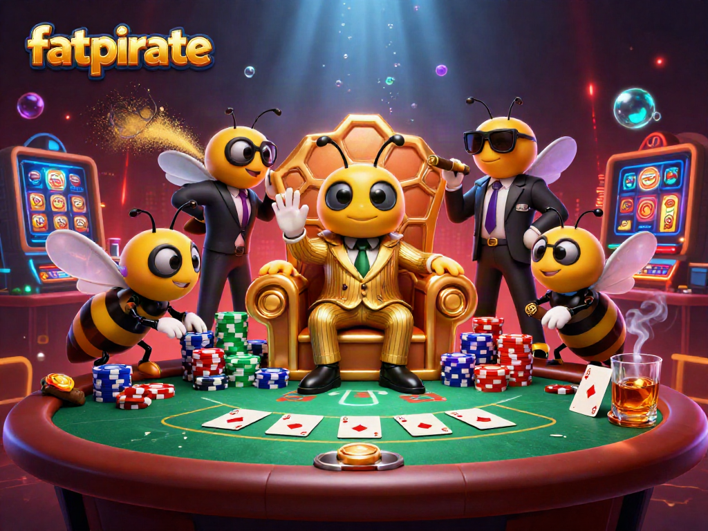Engage with fatpirate casino atmosphere featuring vibrant characters, poker action, and thematic detail in a dynamic scene.