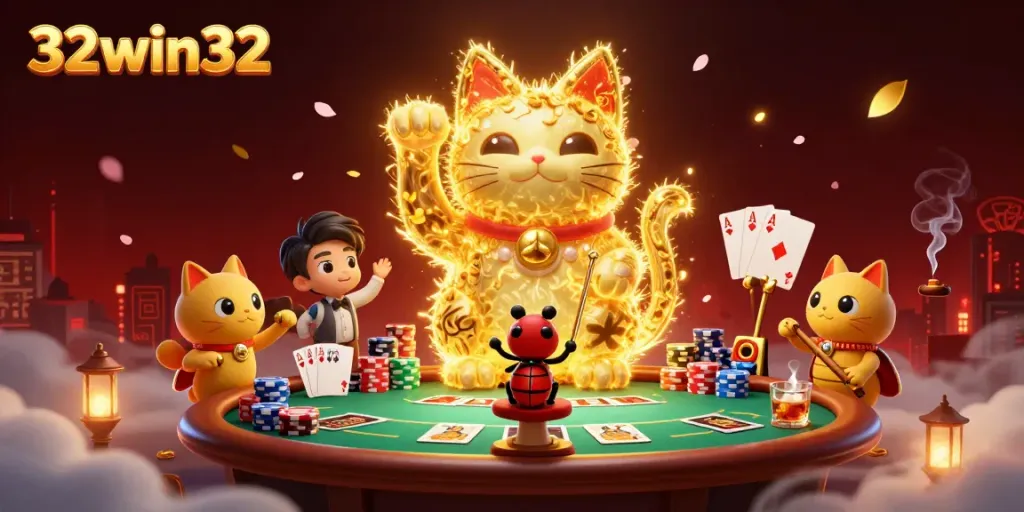 Experience 32win32's vibrant gambling scene with a lucky cat symbol surrounded by poker elements.