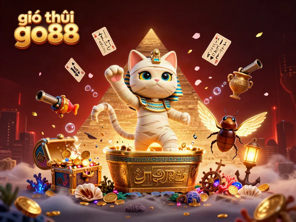 Experience the thrill of giới thiệu go88 with a dynamic scene featuring a mummy cat in a lively casino atmosphere.