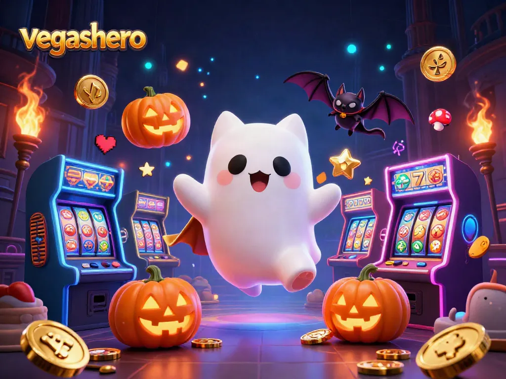 Engage with the vibrant vegashero ghost cat in a haunted casino, surrounded by slot games and glowing jack-o-lanterns.