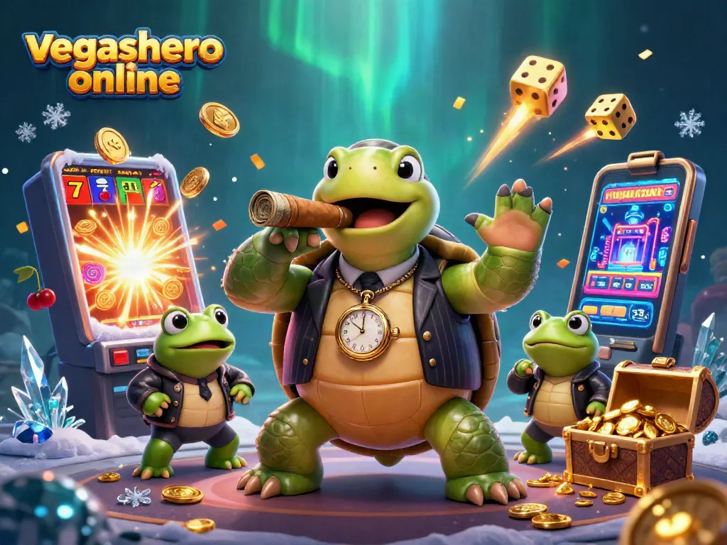 Experience the excitement of vegashero online with a dynamic cartoon gambling scene featuring vibrant characters and games.