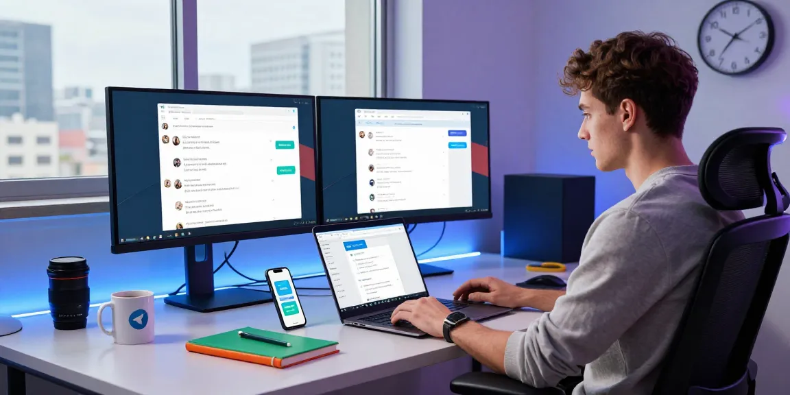 Engaged young professional utilizing the Telegram Web Version in a modern workspace.