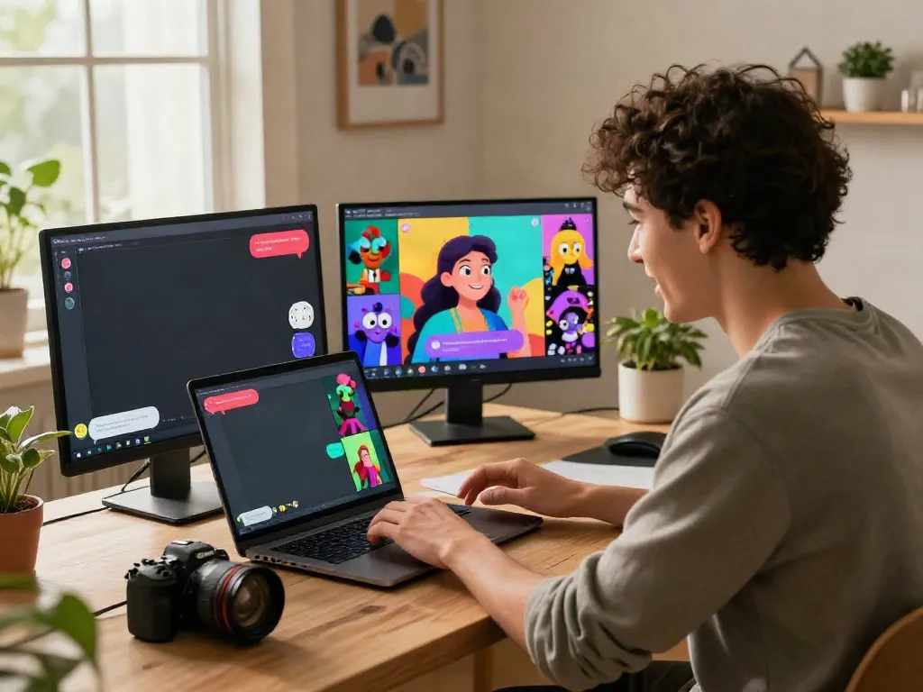 Vibrant online interaction with juicy chat ai character in cozy workspace.