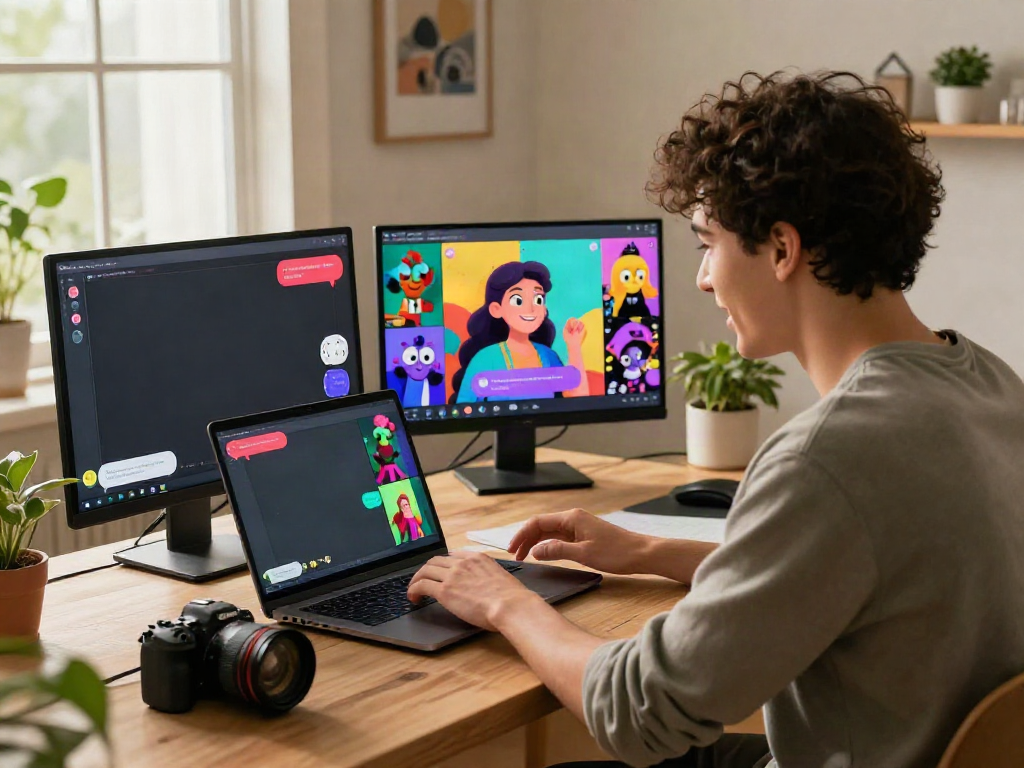Vibrant online interaction with juicy chat ai character in cozy workspace.