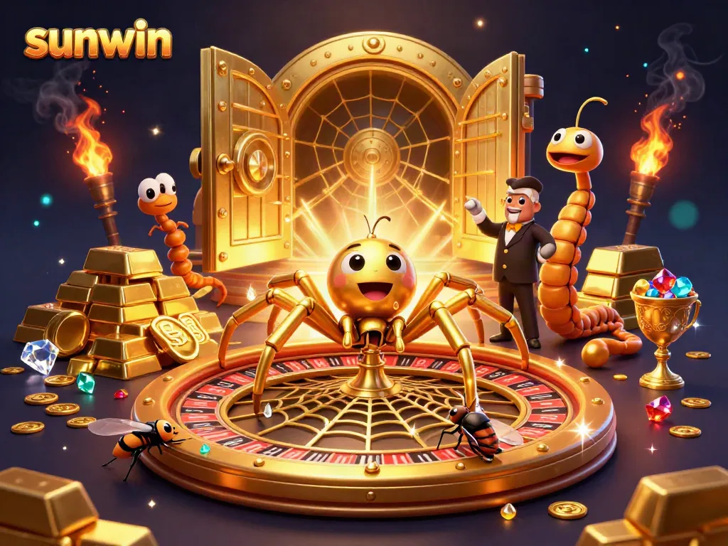 Bet on sunwin's exciting roulette wheel with a golden spider and a centipede dealer in a rich casino scene.